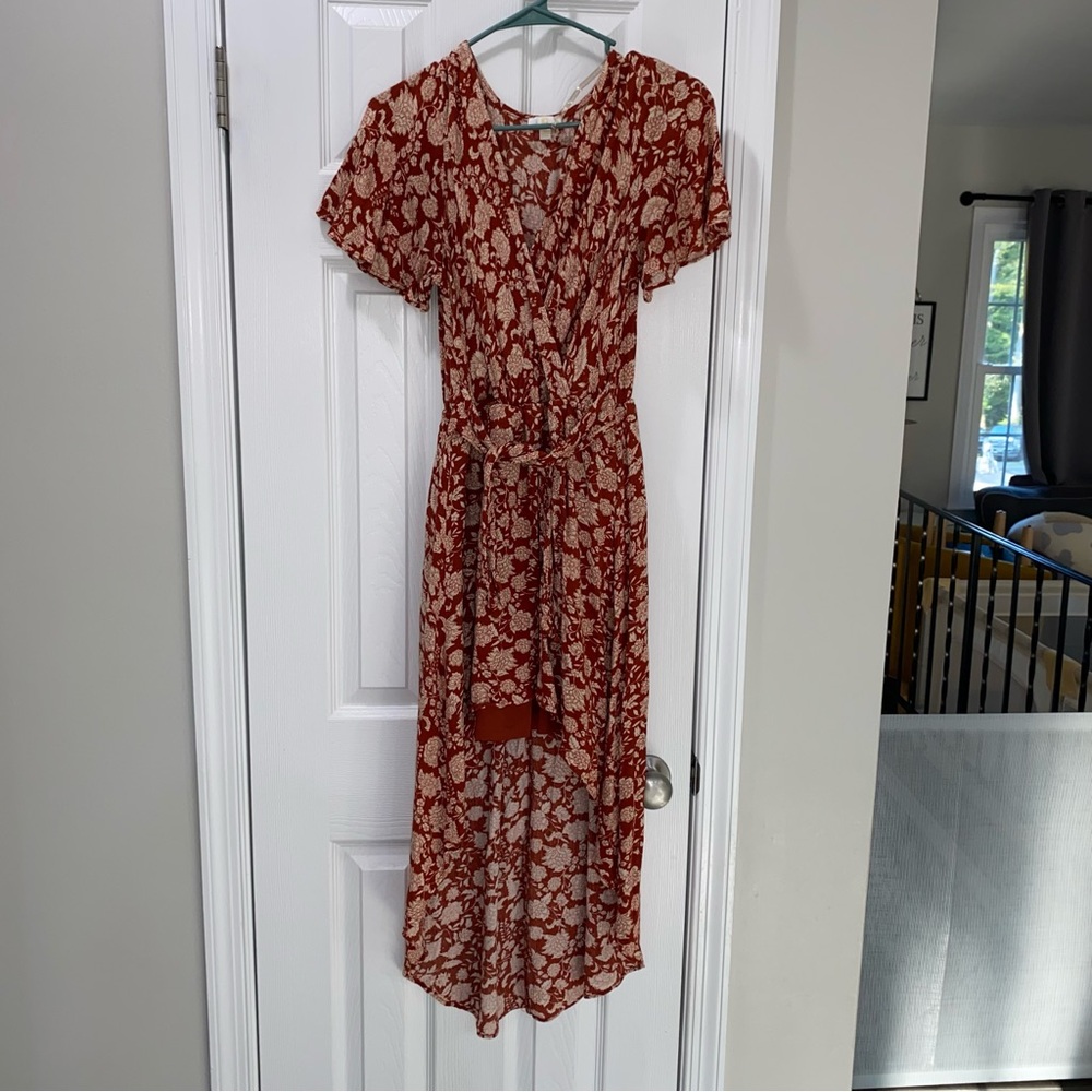 Boho Floral High-Low Midi Dress Wrap Front Belted Red and Cream Summer Dress